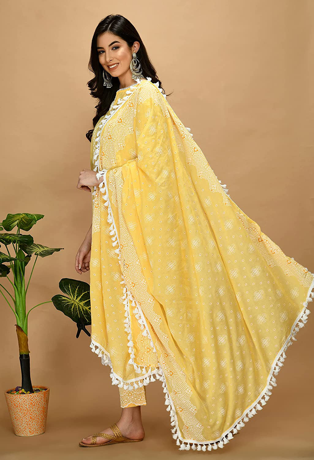 Straight Embroidered Shifli Organic Cotton Kurta Pant and Dupatta Set Marigold Yellow