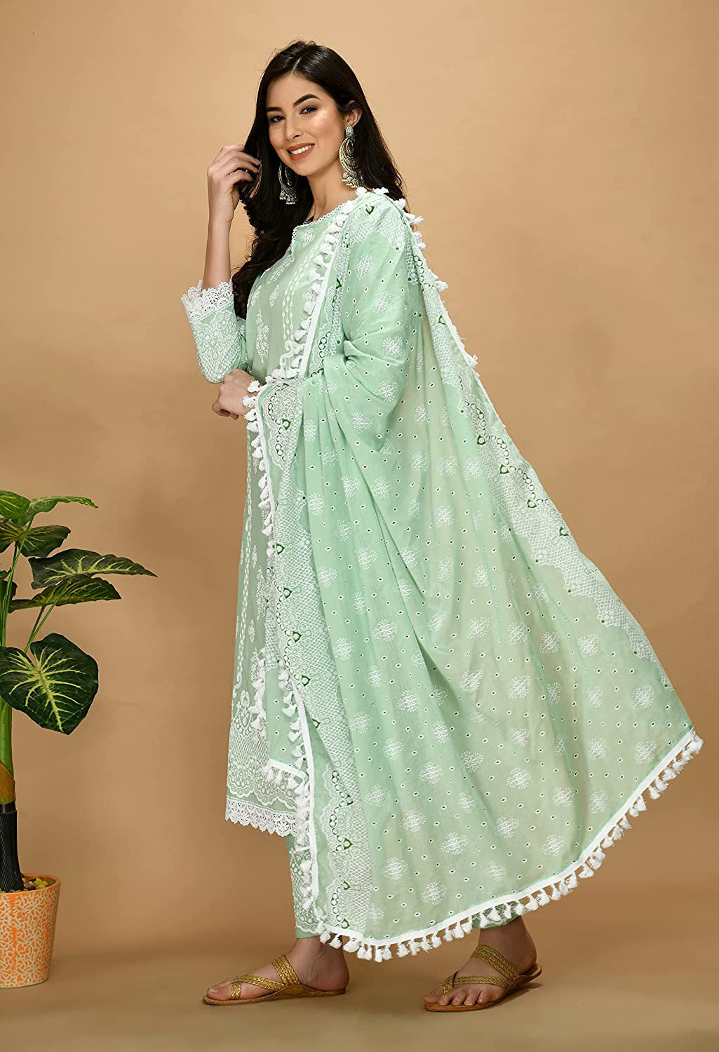Straight Embroidered Shifli Organic Cotton Kurta Pant and Dupatta Set Color Summer Mint Green