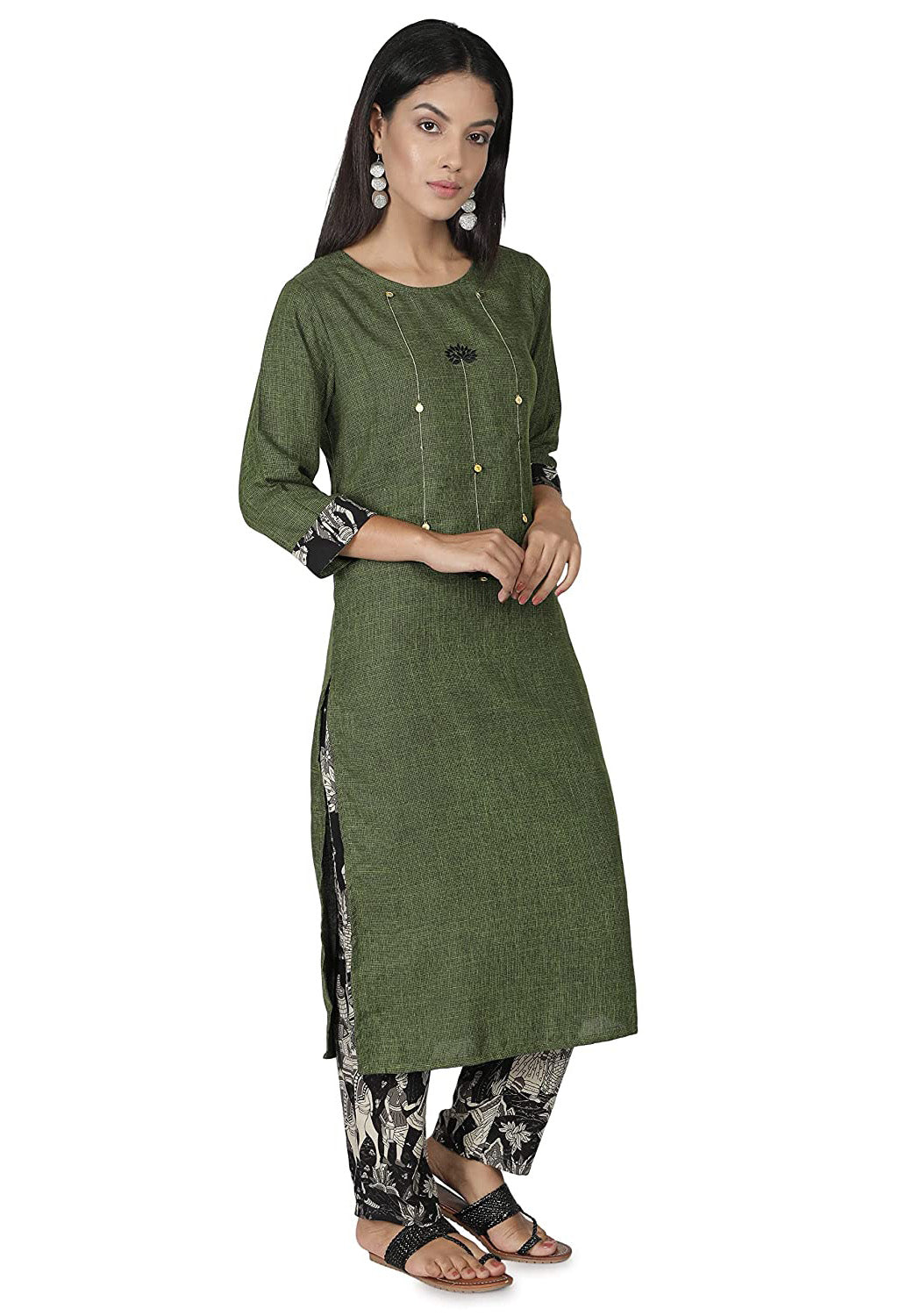 Olive Green Cotton Kurti with Black Printed Palazoo