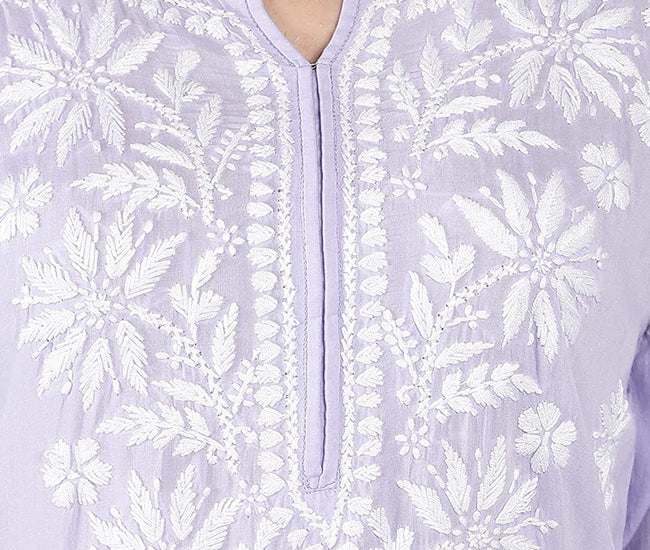Lucknowi Hand-Embroidery Chikankari Organic Cotton Kurta Set Pastel Lavender & White