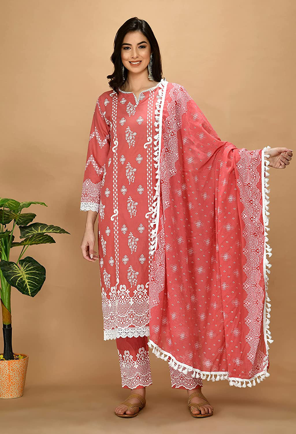Organic Embroidered Cotton Kurta Kurti Set with Beautiful White Lace