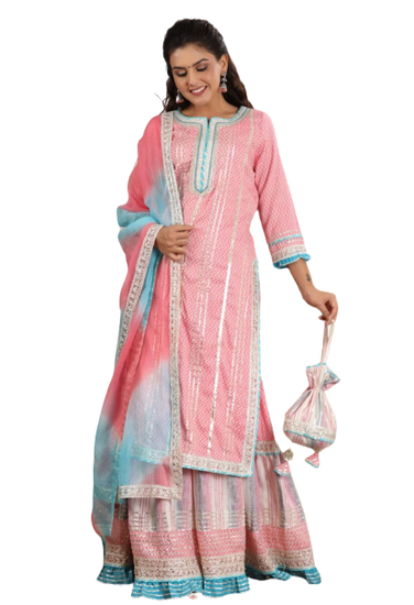 Gotta Patti Sharara Set with Potli- Pink