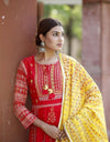 Anarkali Style Mirror Work Over Floral red Suit with Yellow duppata
