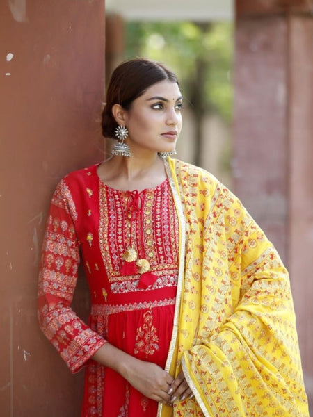 Anarkali Style Mirror Work Over Floral red Suit with Yellow duppata