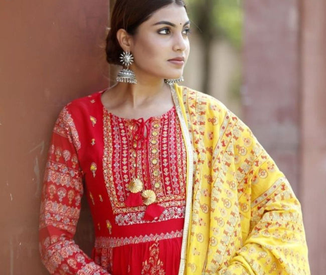 Anarkali Style Mirror Work Over Floral red Suit with Yellow duppata