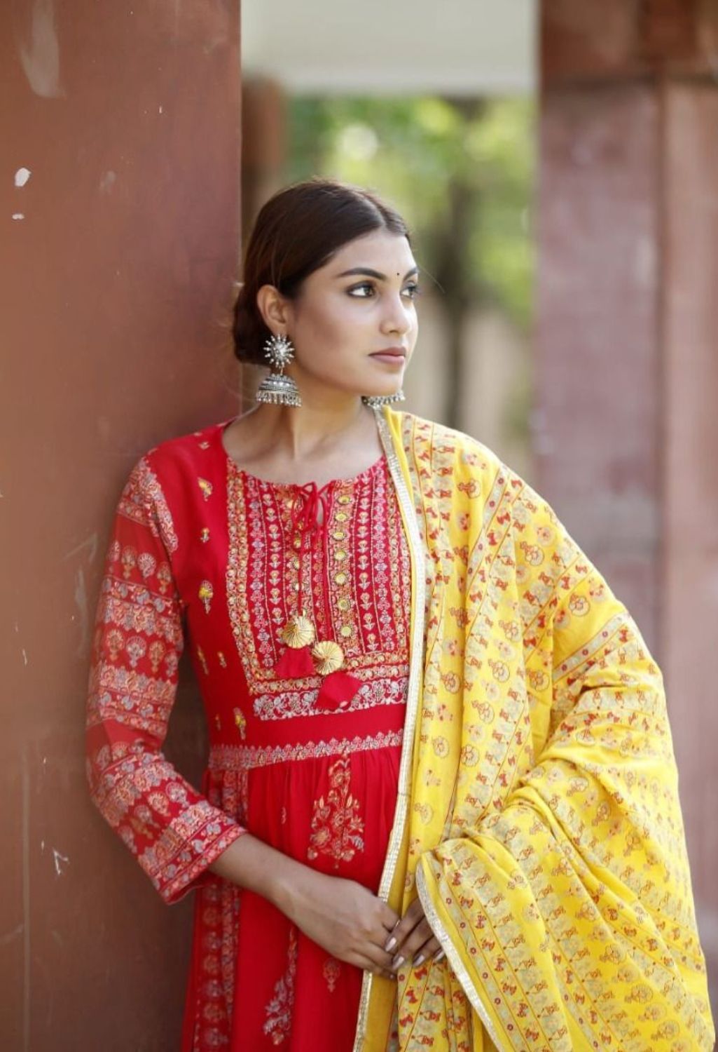 Anarkali Style Mirror Work Over Floral red Suit with Yellow duppata