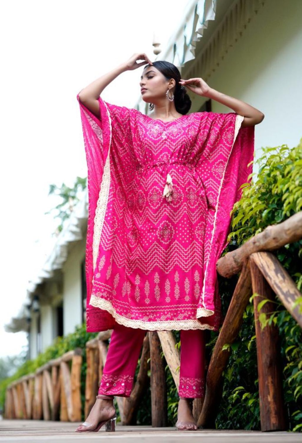 Kaftan Set with Pant, Cotton , Color Jaipuri Hot Pink