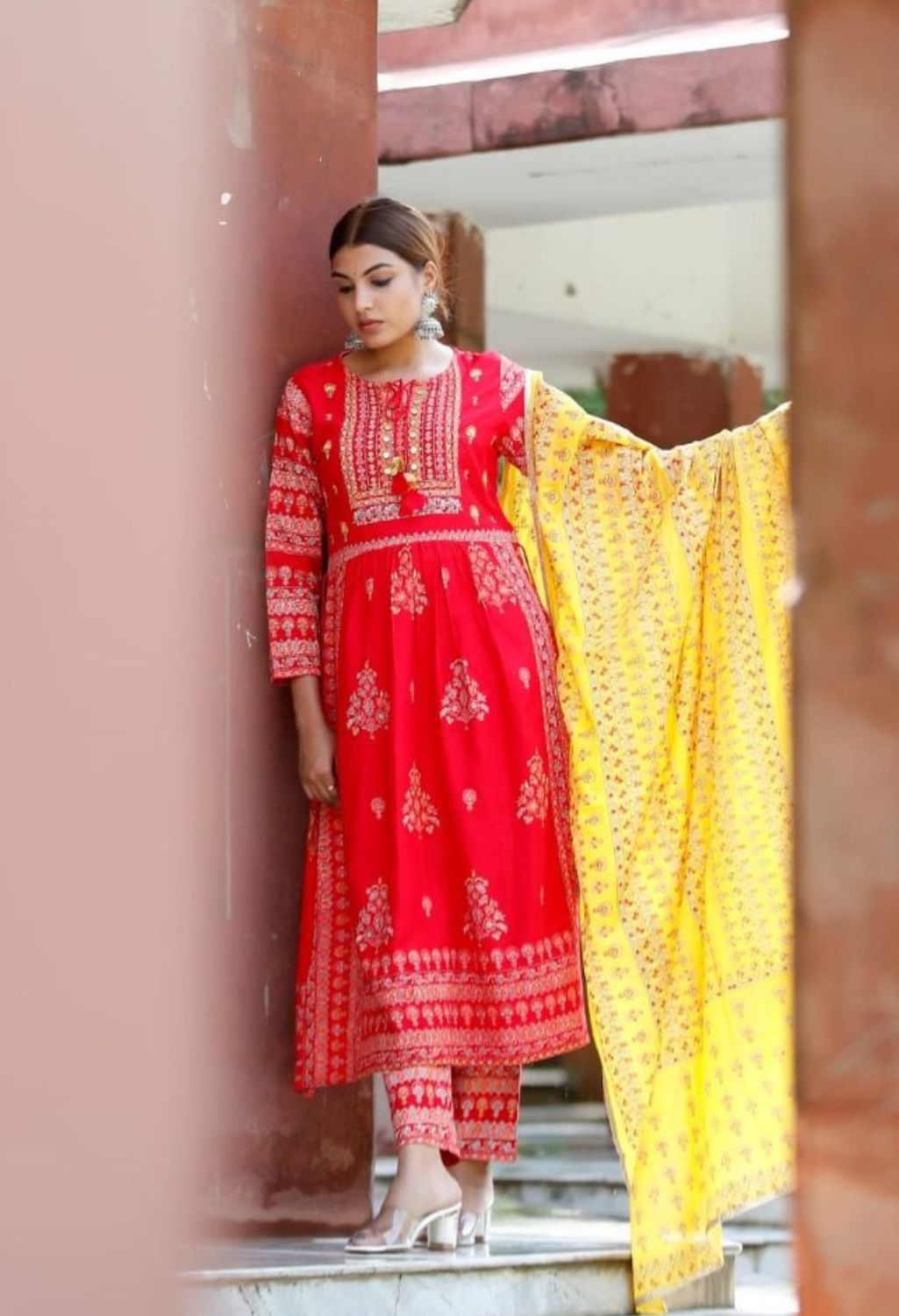 Anarkali Style Mirror Work Over Floral red Suit with Yellow duppata