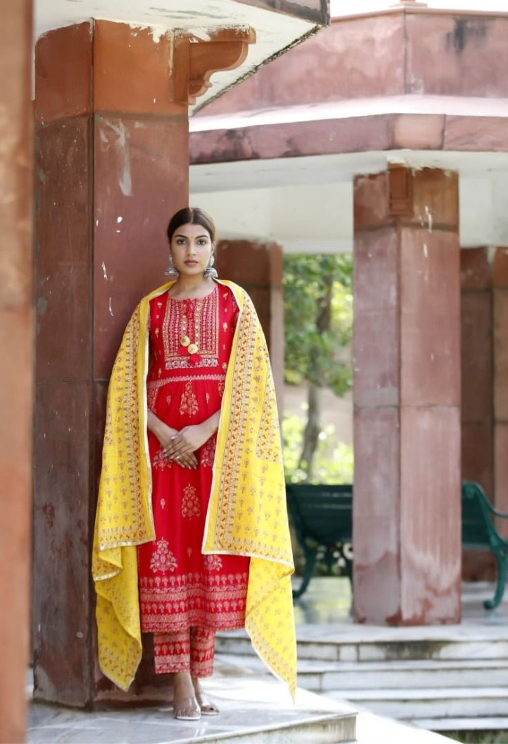 Anarkali Style Mirror Work Over Floral red Suit with Yellow duppata