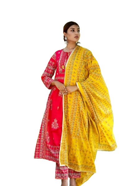 Anarkali Style Mirror Work Over Floral red Suit with Yellow duppata