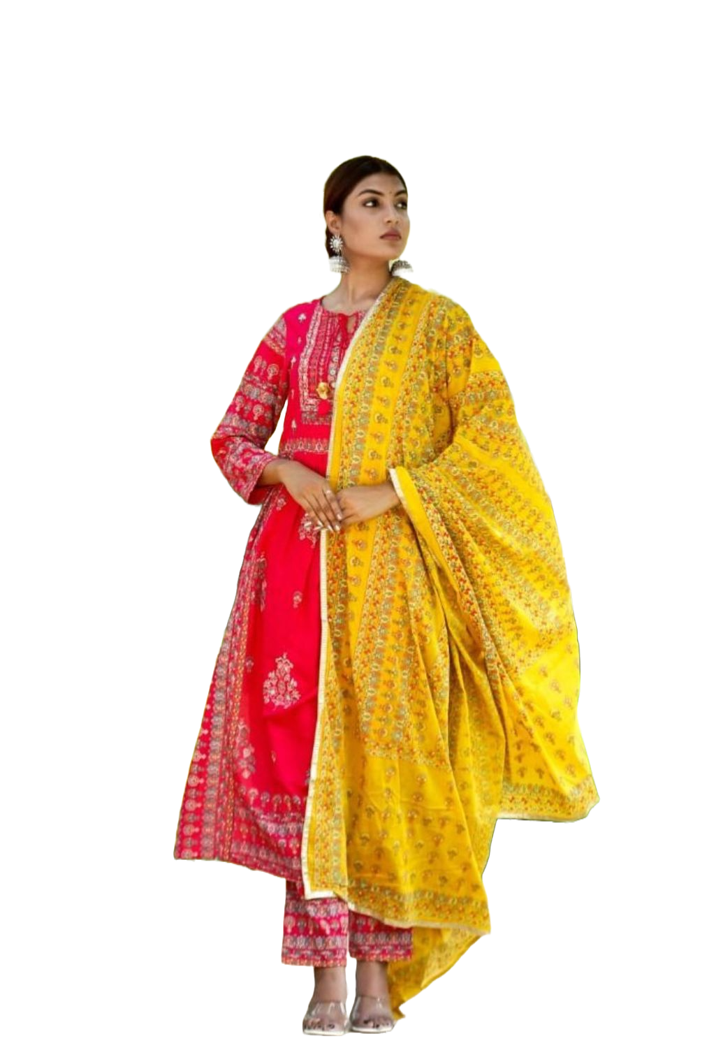 Anarkali Style Mirror Work Over Floral red Suit with Yellow duppata