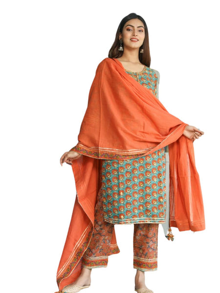 Geometric Print Straight Solid Kurta, Palazzo & Dupatta Set