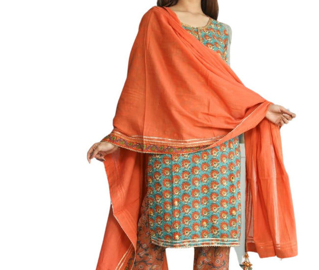Geometric Print Straight Solid Kurta, Palazzo & Dupatta Set