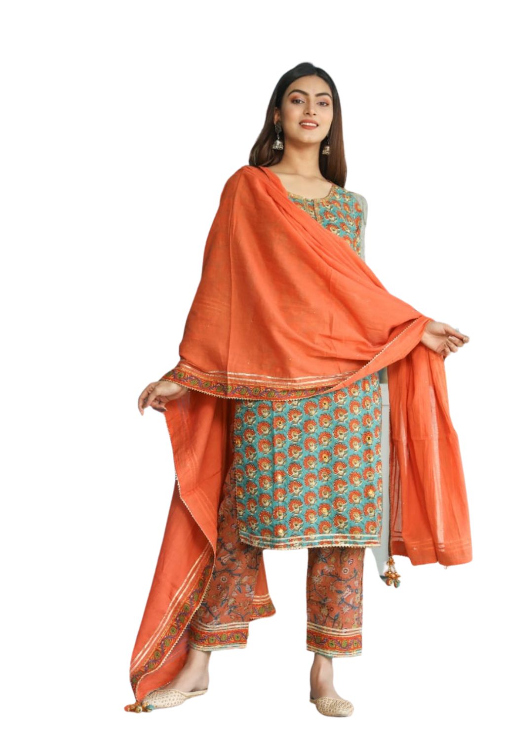 Geometric Print Straight Solid Kurta, Palazzo & Dupatta Set