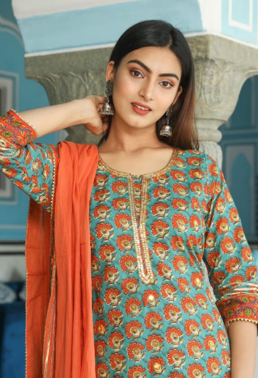 Geometric Print Straight Solid Kurta, Palazzo & Dupatta Set