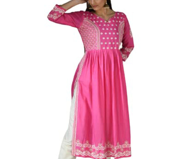 Stitched A-line Pure Cotton Kurta Pant Set Pink & Beige