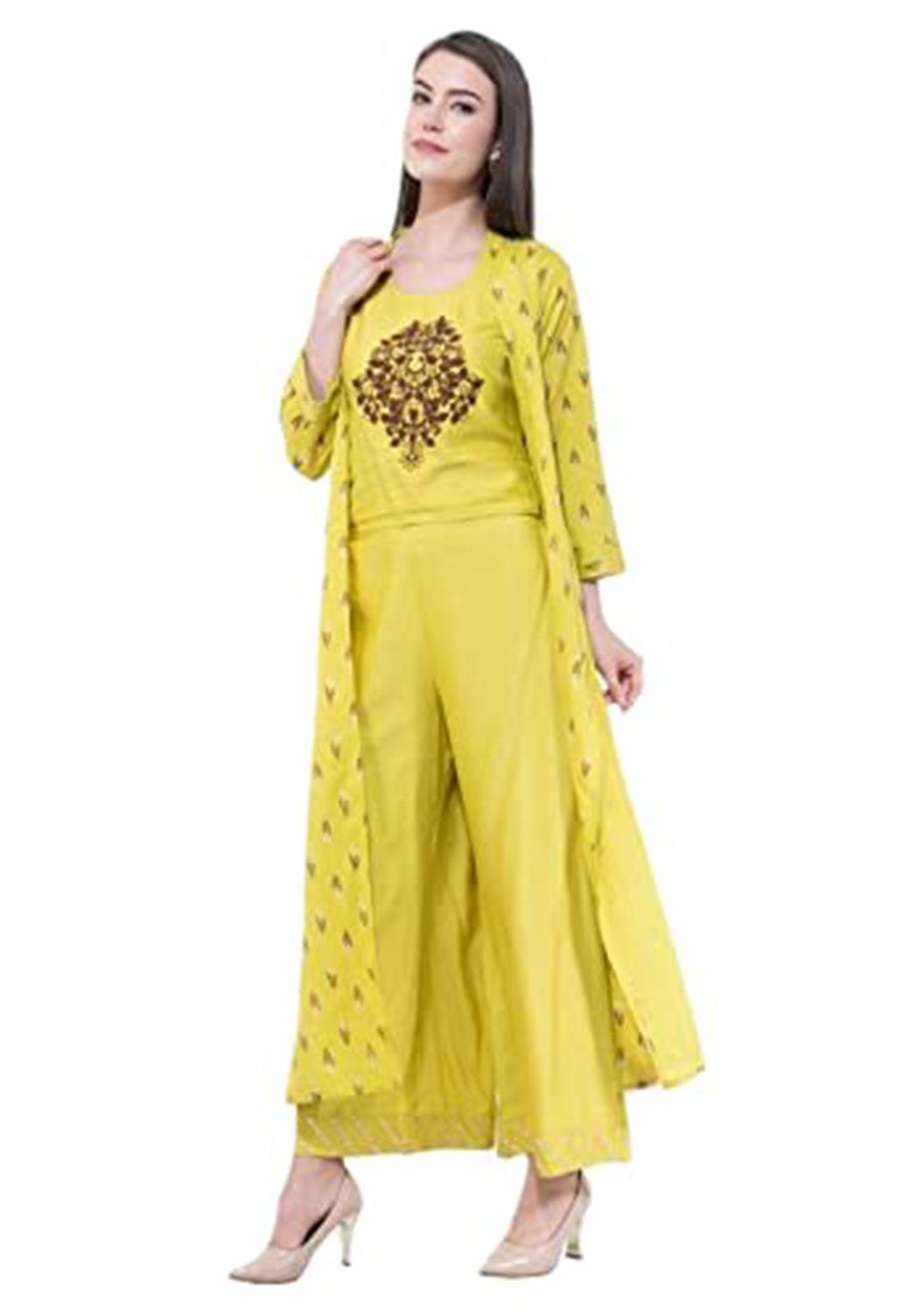 Yellow Cotton 3 Set Suit with Crop TOP Plazzo & Long Shrug
