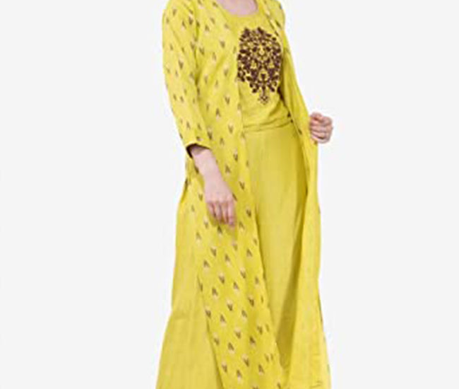 Yellow Cotton 3 Set Suit with Crop TOP Plazzo & Long Shrug