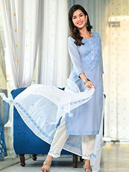 Blue Kurta with White Pant & Dupatta