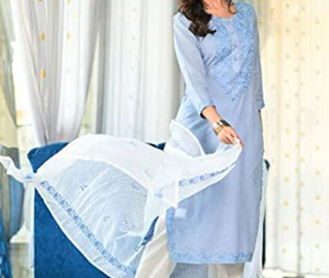 Blue Kurta with White Pant & Dupatta