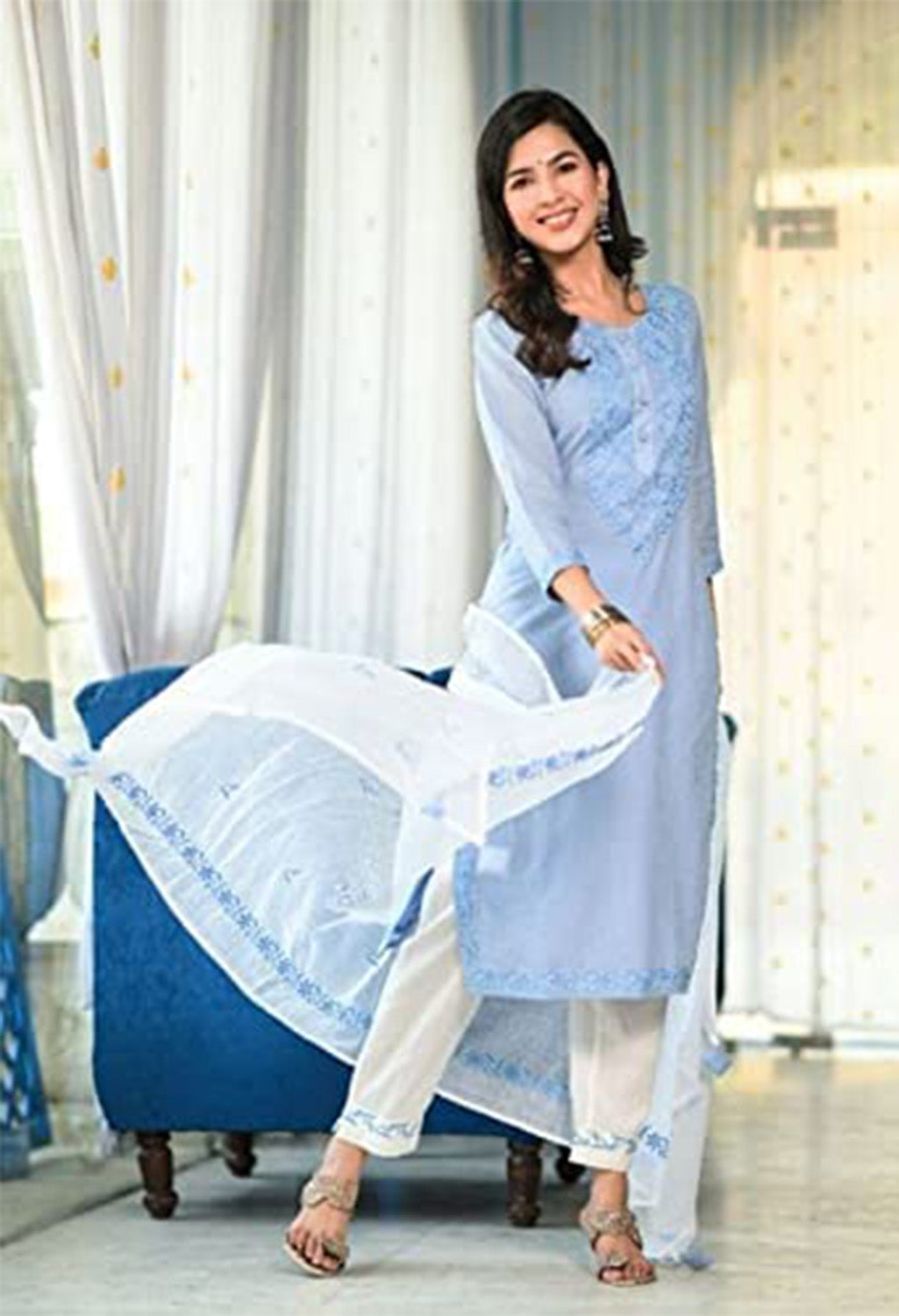 Blue Kurta with White Pant & Dupatta