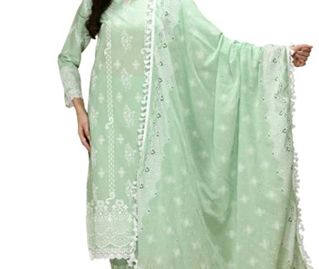 Straight Embroidered Shifli Organic Cotton Kurta Pant and Dupatta Set Color Summer Mint Green