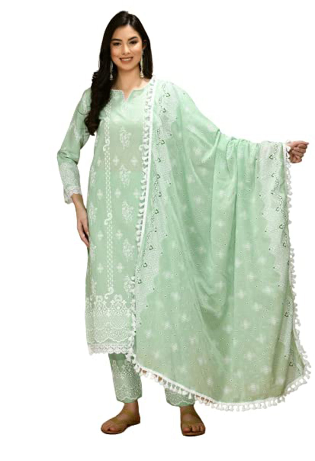 Straight Embroidered Shifli Organic Cotton Kurta Pant and Dupatta Set Color Summer Mint Green