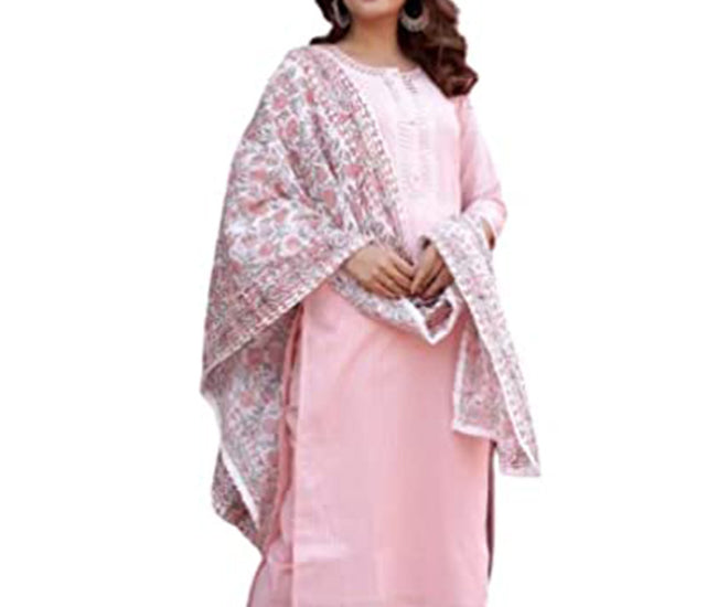 Embroidered Printed Cotton Mirror Work Kurta Set