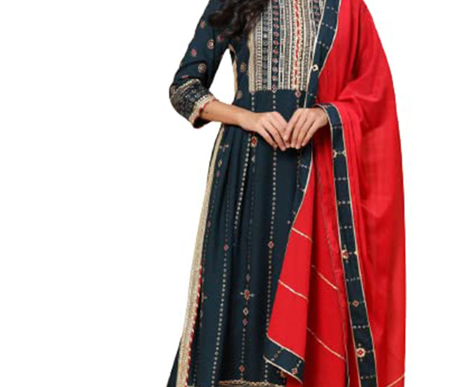 Kurta, Pyjama & Dupatta Set Cotton Silk Green, Gota Patti Work