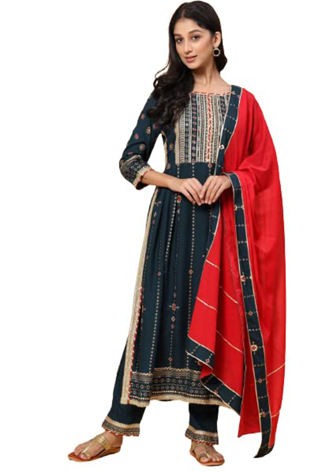 Kurta, Pyjama & Dupatta Set Cotton Silk Green, Gota Patti Work