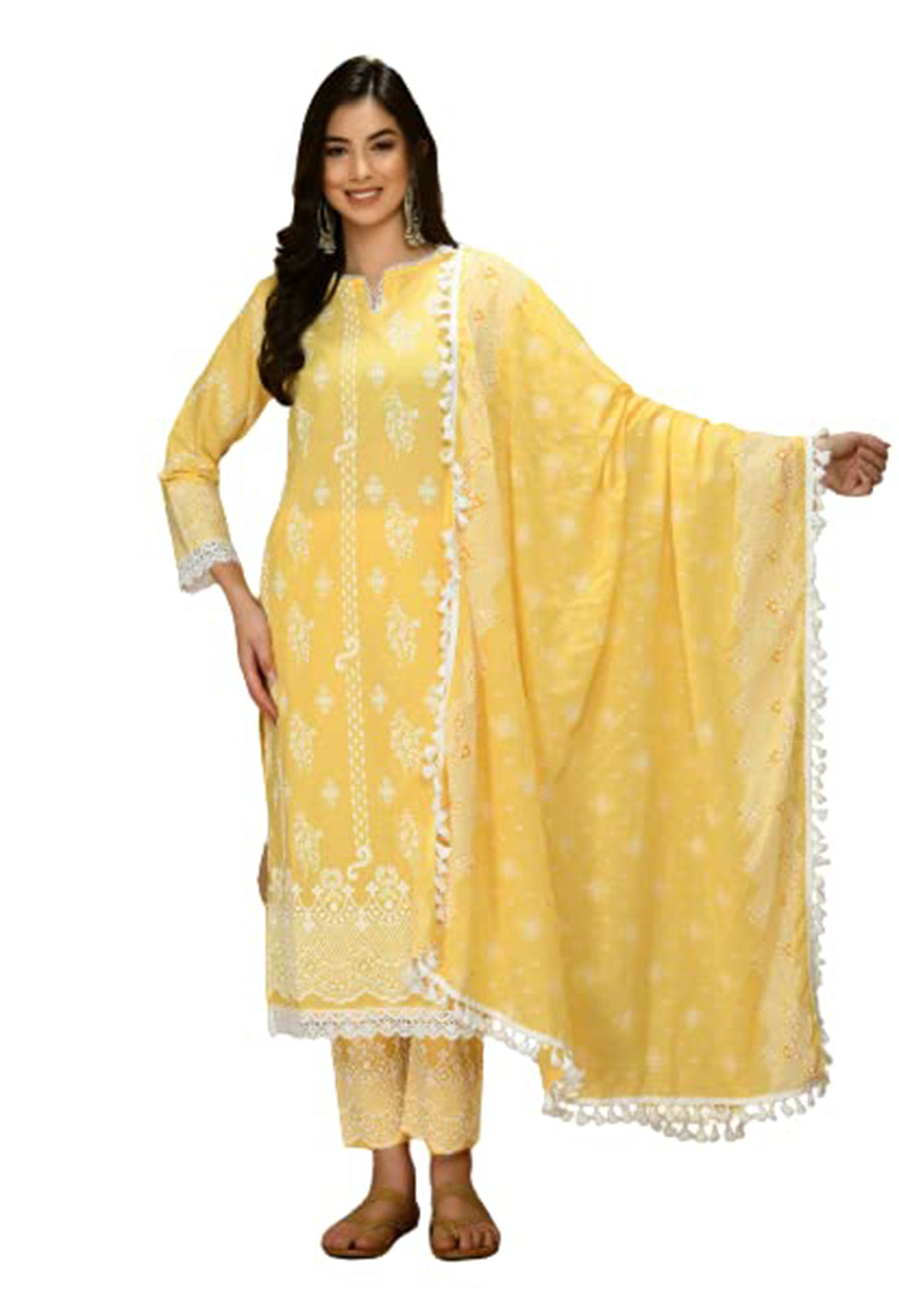 Straight Embroidered Shifli Organic Cotton Kurta Pant and Dupatta Set Marigold Yellow