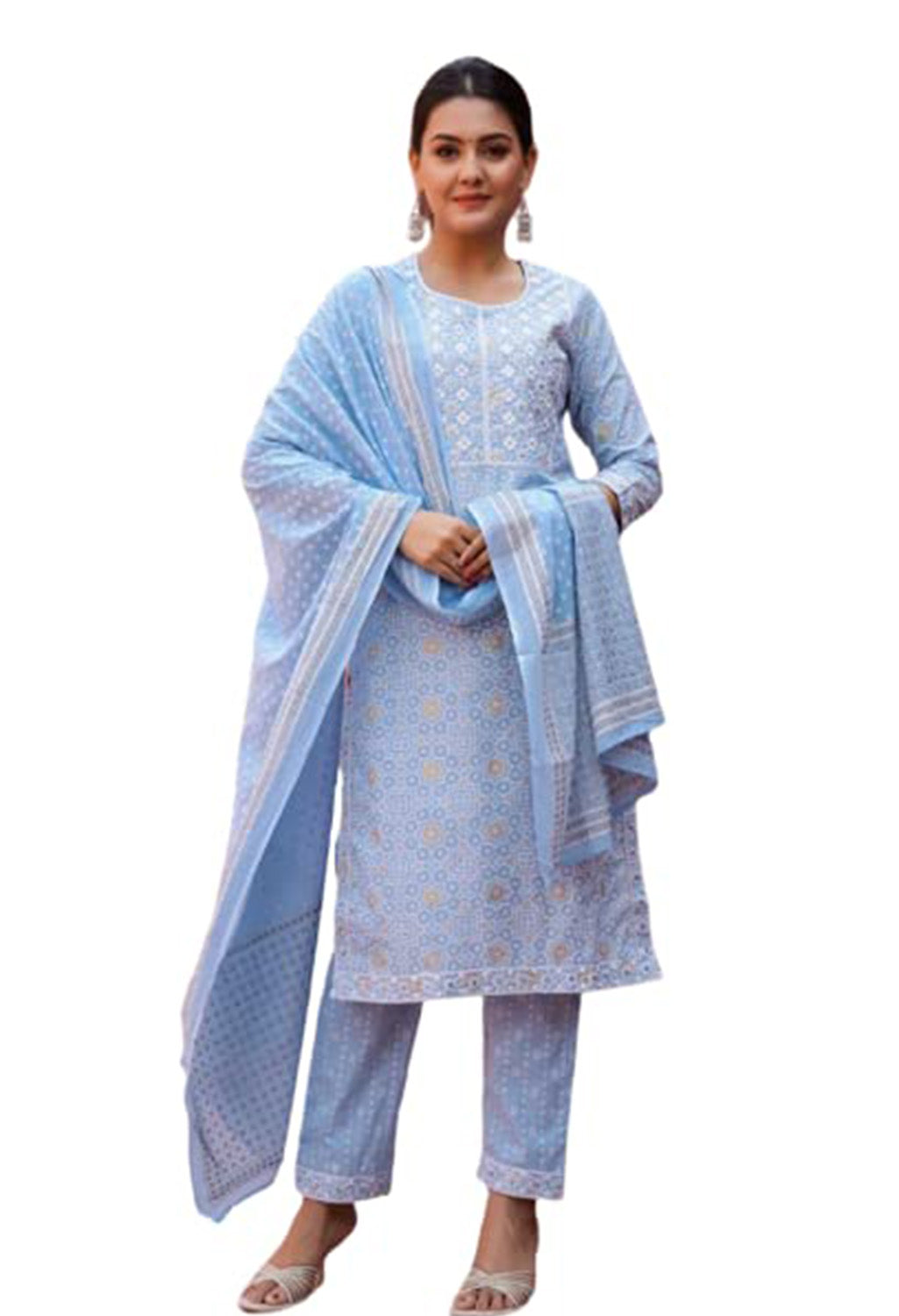 Embroidered Organic Kurta Set with Printed Cotton Dupatta & Pants