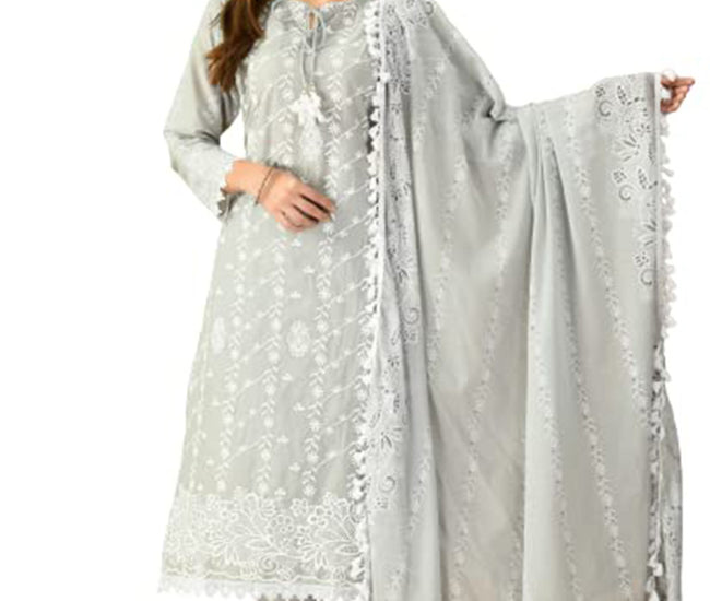 Lucknowi Organic Embroided Pure Cotton Kurta Set with Pant & Dupatta