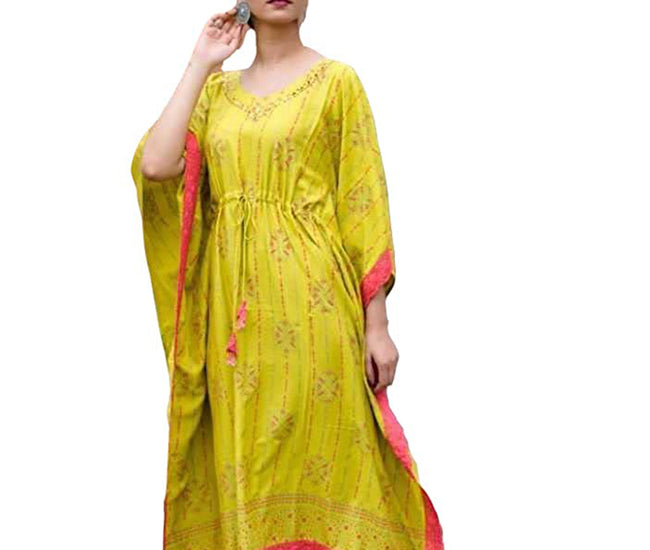 Graphic Printed Cotton Silk Women Kaftan Set - Yellow
