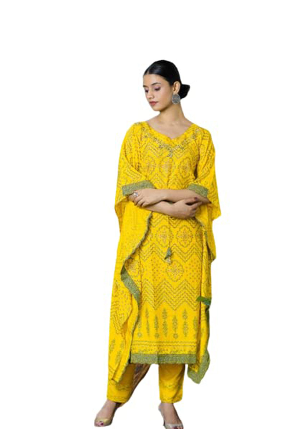 Printed Cotton Blend Women Kaftan Set Yellow