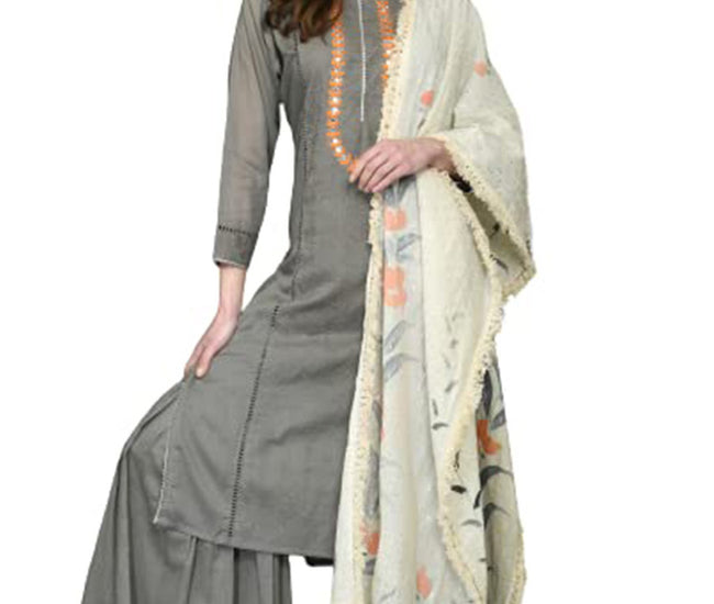Hand Embroidery Kurta Palazzo Set Grey