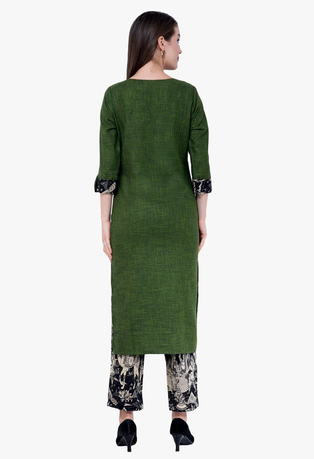 Olive Green Cotton Kurti with Black Printed Palazoo