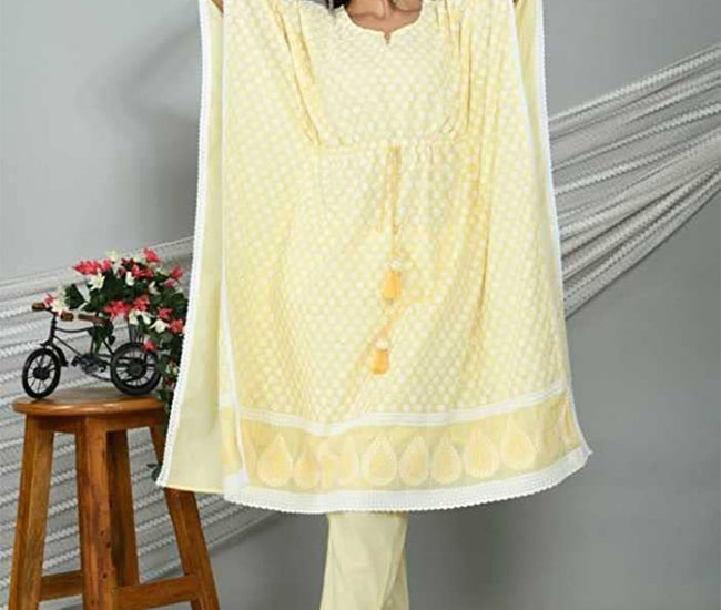 Women's Graphic Print Cotton Silk Kaftan Kurti, Color- Yellow