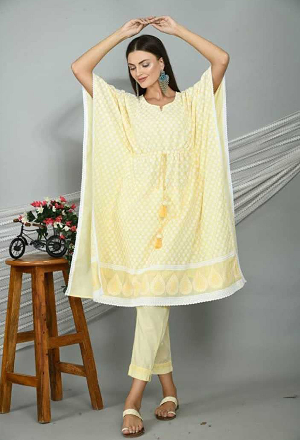 Women's Graphic Print Cotton Silk Kaftan Kurti, Color- Yellow
