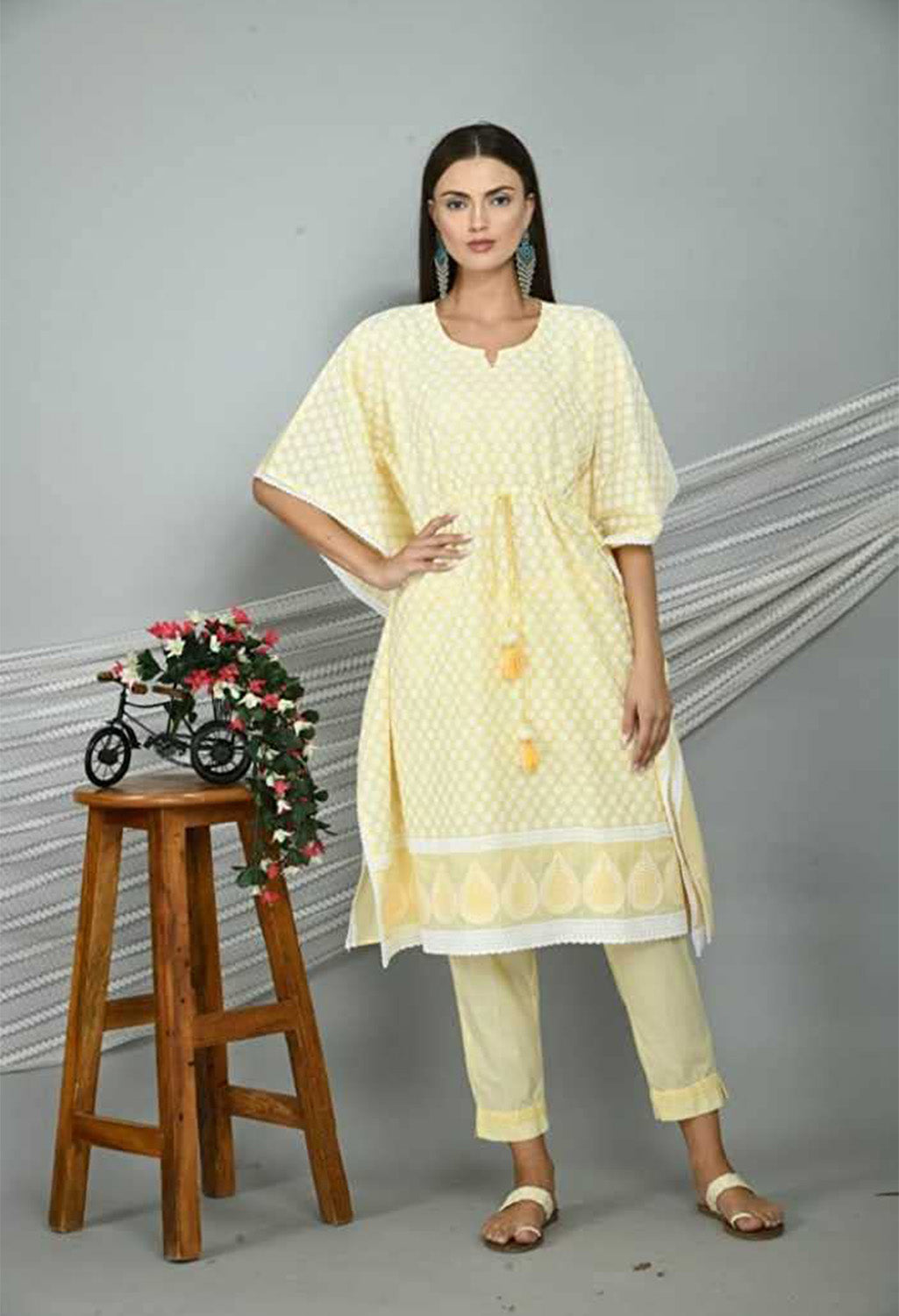 Women's Graphic Print Cotton Silk Kaftan Kurti, Color- Yellow