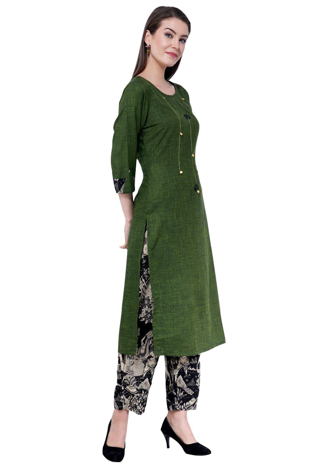 Olive Green Cotton Kurti with Black Printed Palazoo