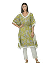 Women's Olive Green Printed Knee Length Kaftan Set with Fitted Pants