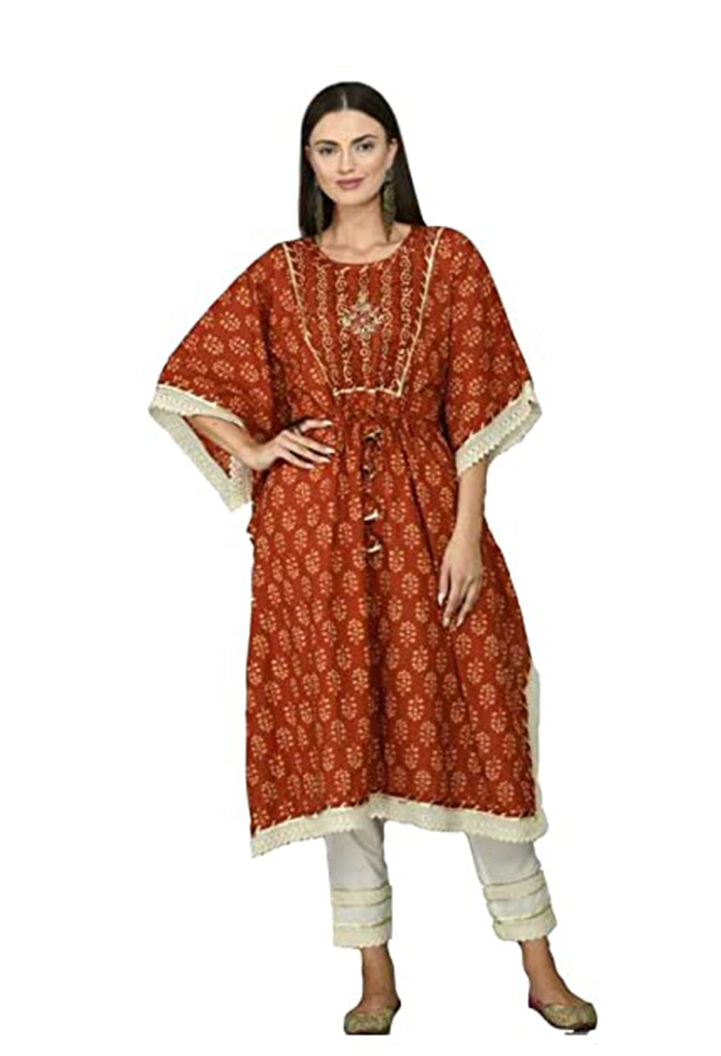 Graphic Print Cotton Silk Women Kaftan, Red