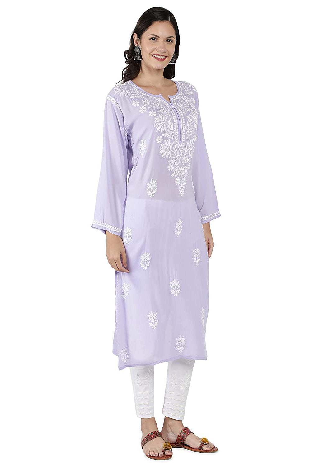 Lucknowi Hand-Embroidery Chikankari Organic Cotton Kurta Set Pastel Lavender & White