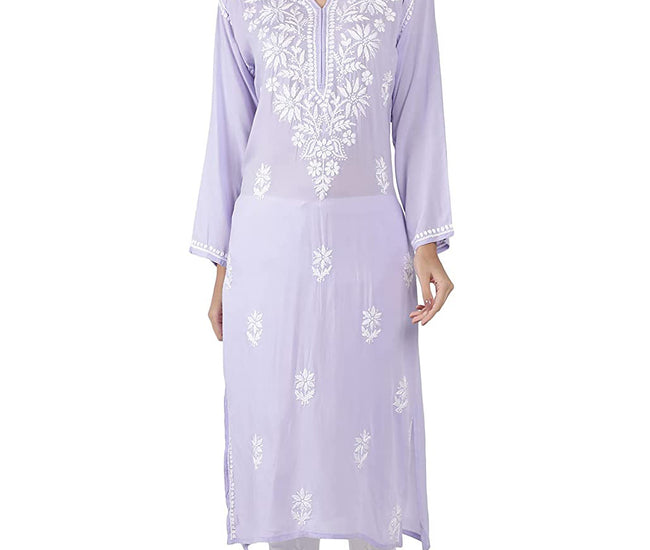 Lucknowi Hand-Embroidery Chikankari Organic Cotton Kurta Set Pastel Lavender & White