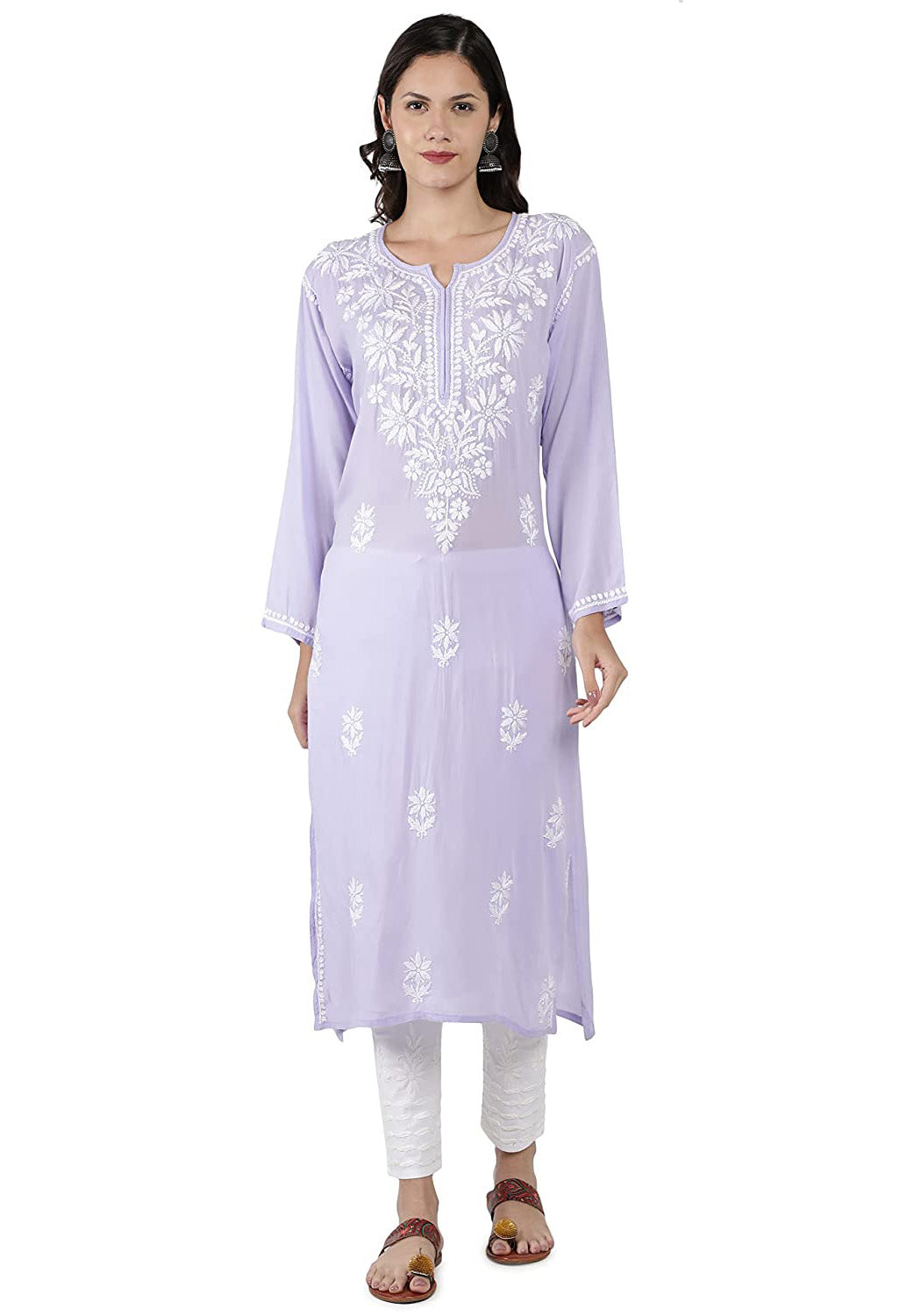 Lucknowi Hand-Embroidery Chikankari Organic Cotton Kurta Set Pastel Lavender & White