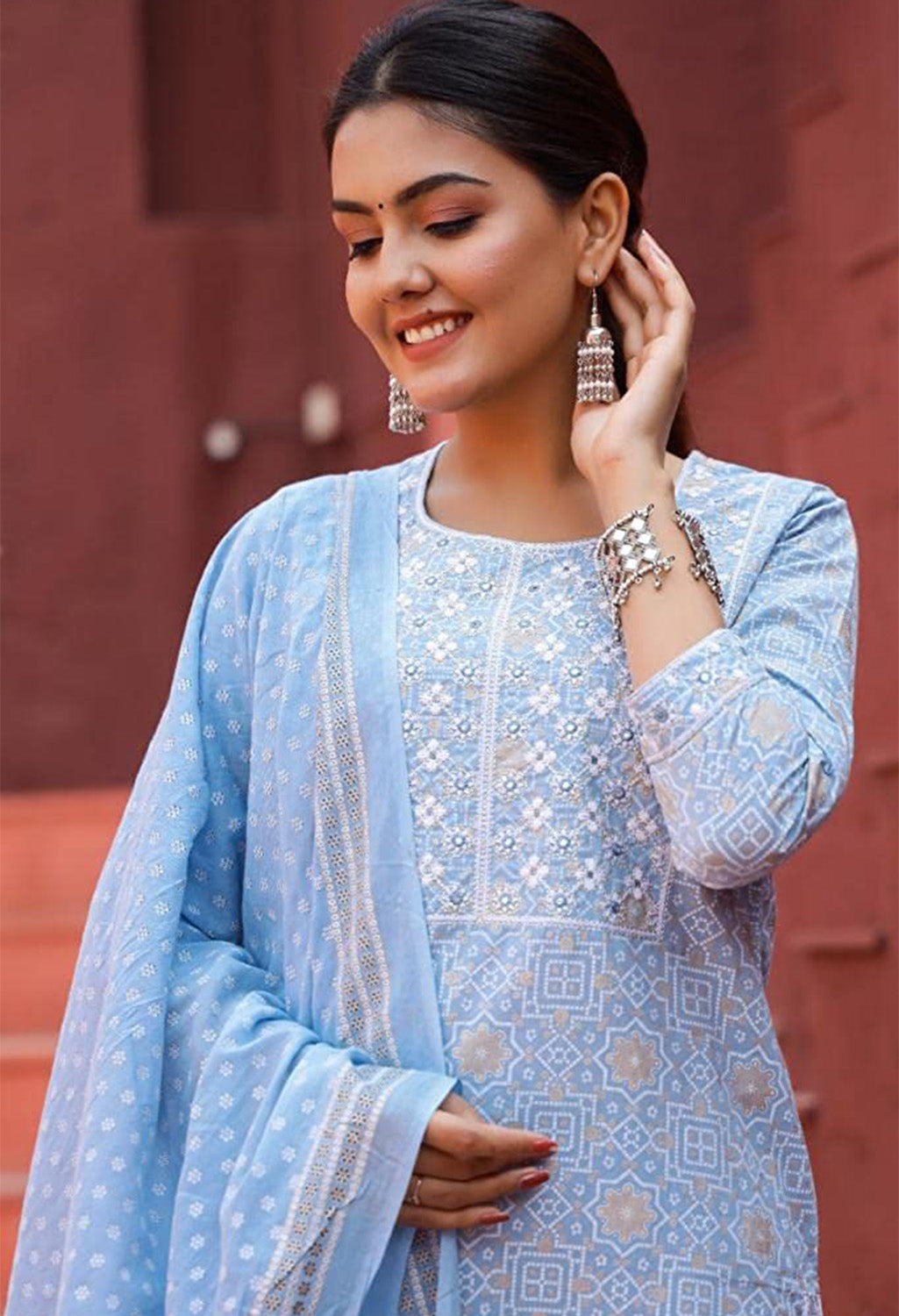 Embroidered Organic Kurta Set with Printed Cotton Dupatta & Pants