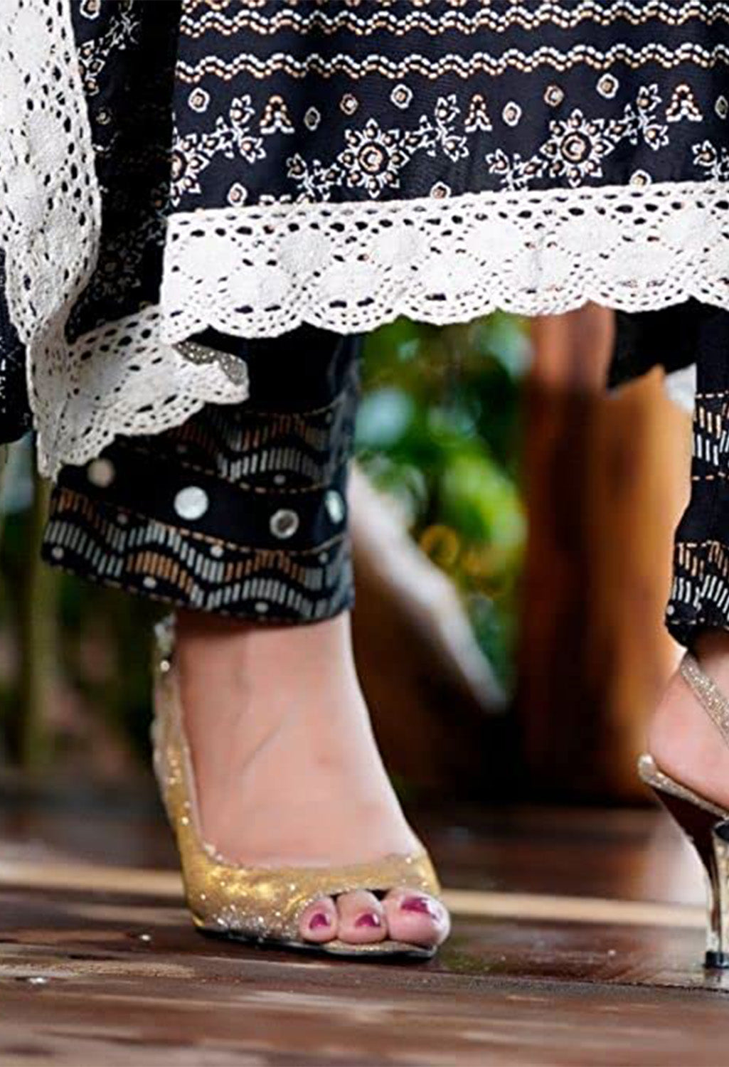 Printed Knee-Length Kaftan Set with Fitted Pants, Black