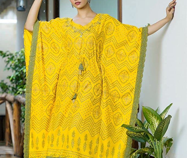 Printed Cotton Blend Women Kaftan Set Yellow