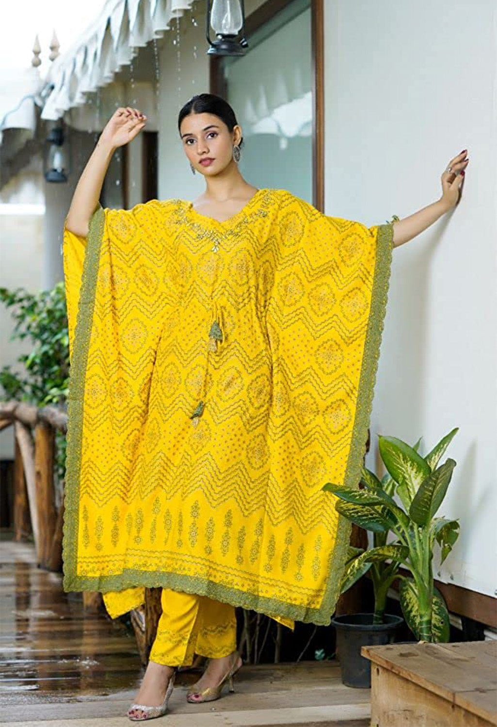 Printed Cotton Blend Women Kaftan Set Yellow